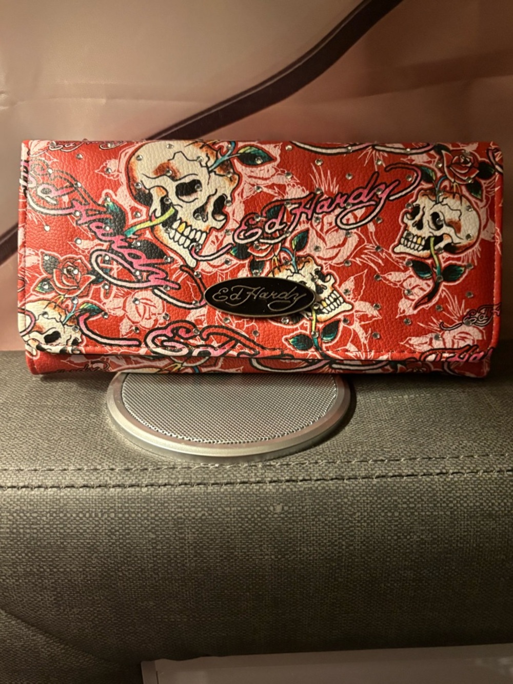 Ed Hardy Red Skull & Rose Trifold Wallet with Gem stones
